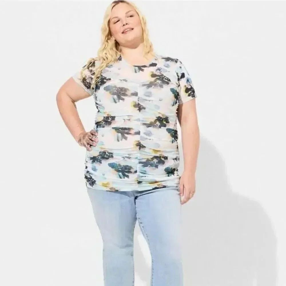 Torrid Plus Size 3X 22-24 Crew Neck Ruched Floral Shirt Blouse Top